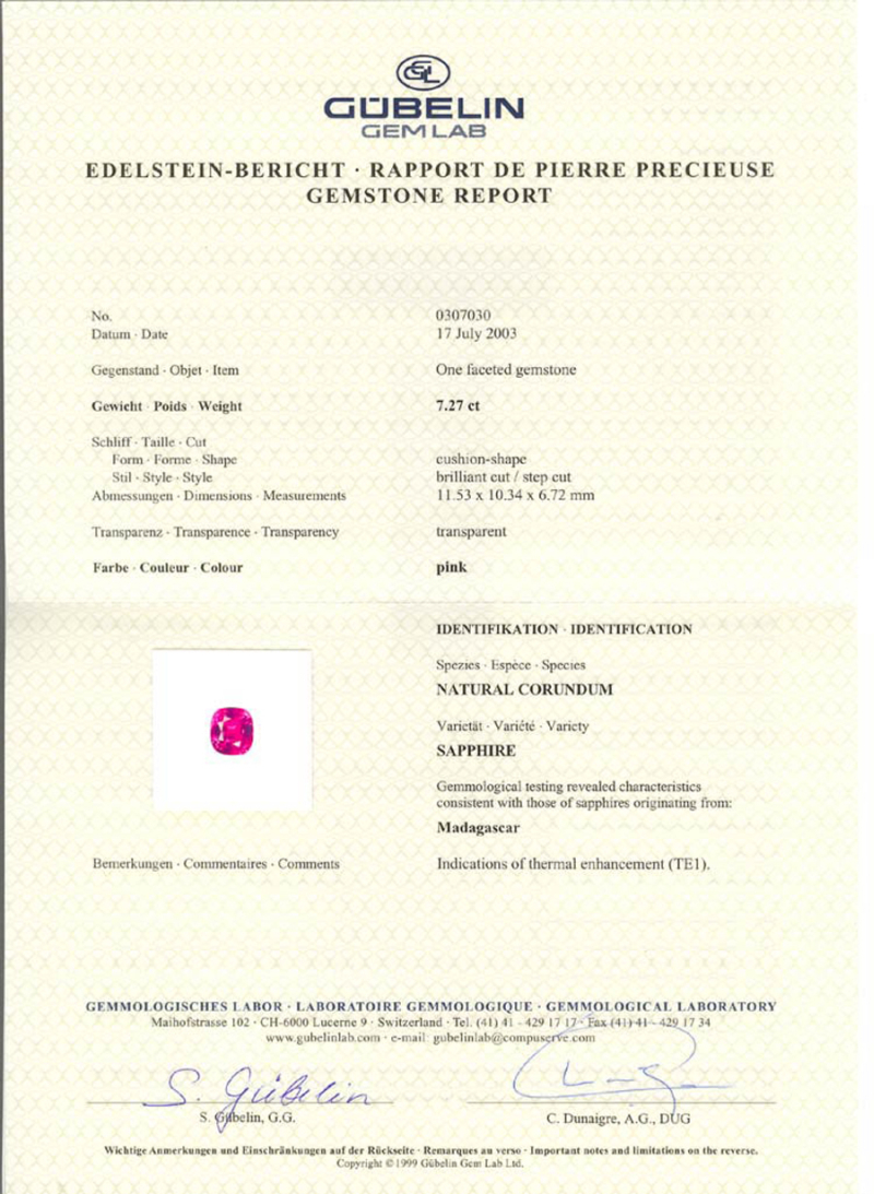 Образец сертификата Gubelin 2003- ювелирный магазин PIERRE